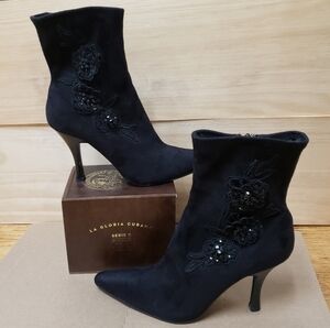Preview Booties Womens Size 6.5 Black Stiletto Faux Suede Embellished